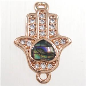 copper hamsahand connector paved zircon with abalone shell, rose gold, approx 10-12mm