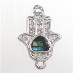 copper hamsahand connector paved zircon with abalone shell, platinum plated, approx 10-12mm
