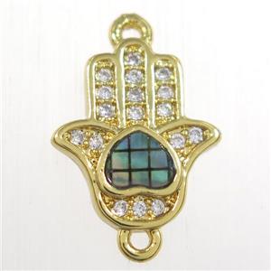 copper hamsahand connector paved zircon with abalone shell, gold plated, approx 10-12mm