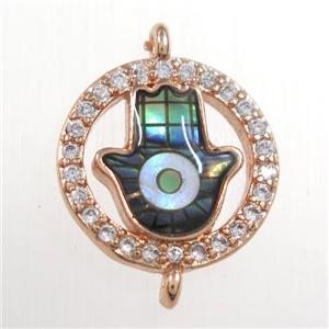 copper hamsahand connector paved zircon with abalone shell, rose gold, approx 12mm dia