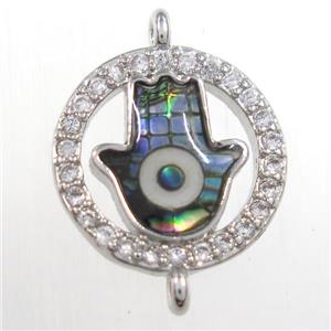 copper hamsahand connector paved zircon with abalone shell, platinum plated, approx 12mm dia
