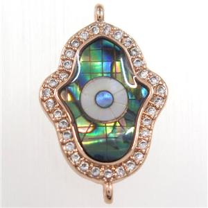 copper hamsahand connector paved zircon with abalone shell, rose gold, approx 13-18mm