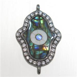 copper hamsahand connector paved zircon with abalone shell, black plated, approx 13-18mm