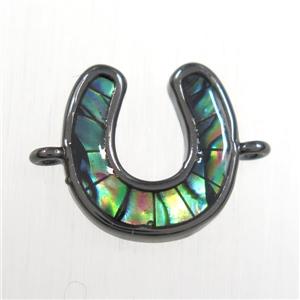 copper U connector with abalone shell, black plated, approx 12mm