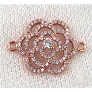 copper flower connector paved zircon, rose gold, approx 18-25mm