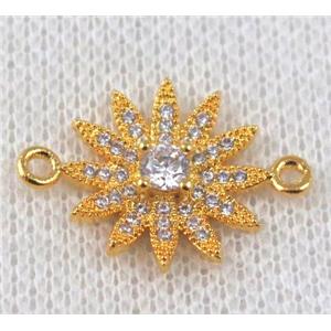 copper sunflower connector paved zircon, gold plated, approx 18-24mm