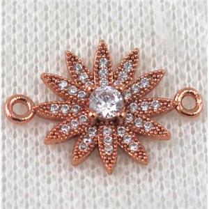 copper sunflower connector paved zircon, rose gold, approx 18-24mm