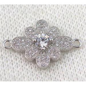 copper flower connector paved zircon, platinum plated, approx 18-25mm