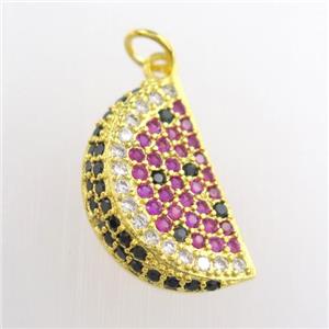 copper watermelon pendant paved zircon, gold plated, approx 12-20mm