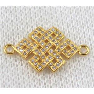 copper Chinese knot connector paved zircon, gold plated, approx 14-22mm