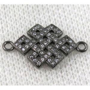 copper Chinese knot connector paved zircon, black plated, approx 14-22mm