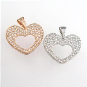 copper heart pendants paved zircon, mixed, approx 17mm dia