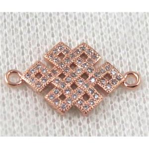 copper Chinese knot connector paved zircon, rose gold, approx 14-22mm