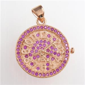 copper clock pendants paved zircon, circle, rose gold, approx 18mm dia