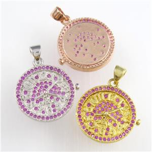 copper clock pendants paved zircon, circle, mixed color, approx 18mm dia