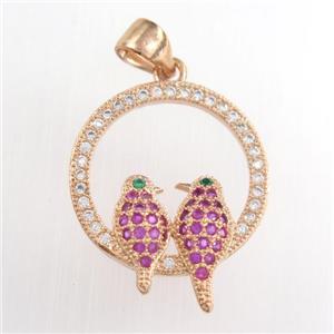 copper birds pendants paved zircon, rose gold, approx 17mm dia