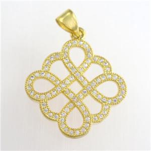 copper knot square pendants paved zircon, gold plated, approx 16-20mm