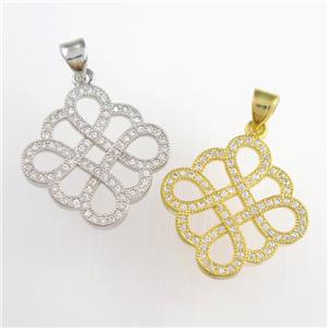 copper knot square pendants paved zircon, mixed color, approx 16-20mm