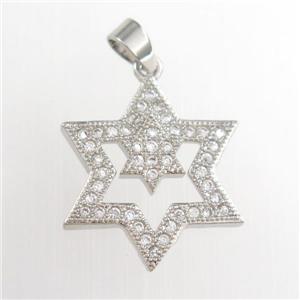 copper star pendants paved zircon, platinum plated, approx 17mm dia