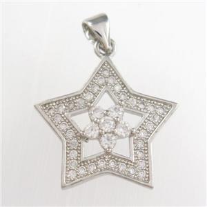 copper star pendants paved zircon, platinum plated, approx 20mm dia