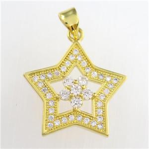 copper star pendants paved zircon, gold plated, approx 20mm dia