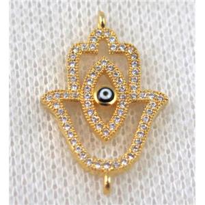 copper hamsahand connector paved zircon with evil eye, gold plated, approx 16-25mm