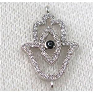 copper hamsahand connector paved zircon with evil eye, platinum plated, approx 16-25mm