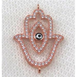 copper hamsahand connector paved zircon with evil eye, roe gold, approx 16-25mm