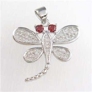 copper dragonfly pendants paved zircon, platinum plated, approx 18-22mm
