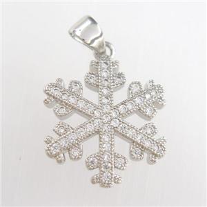 copper snowflake pendants paved zircon, platinum plated, approx 18mm dia