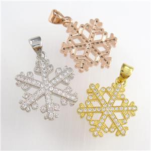 christmas snowflake pendants paved zircon, copper, mixed color, approx 18mm dia