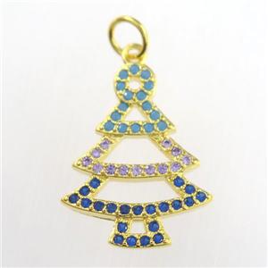 christmas tree, copper pendants paved zircon, gold plated, approx 15-20mm