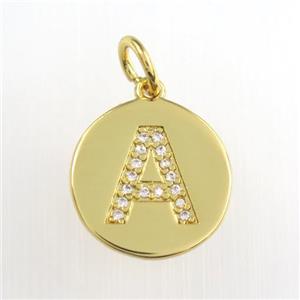 copper pendant paved zircon, letter A, gold plated, approx 15mm dia
