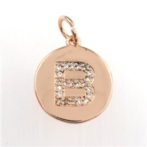 copper pendant paved zircon, letter B, rose gold, approx 15mm dia