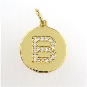 copper pendant paved zircon, letter B, gold plated, approx 15mm dia
