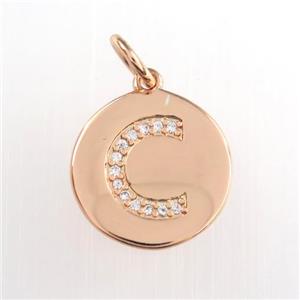 copper pendant paved zircon, letter C, rose gold, approx 15mm dia