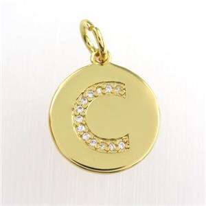 copper pendant paved zircon, letter C, gold plated, approx 15mm dia