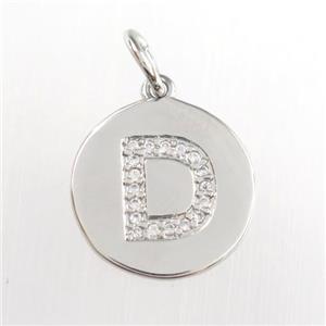 copper pendant paved zircon, letter D, platinum plated, approx 15mm dia