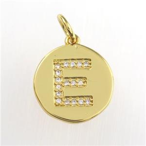 copper pendant paved zircon, letter E, gold plated, approx 15mm dia