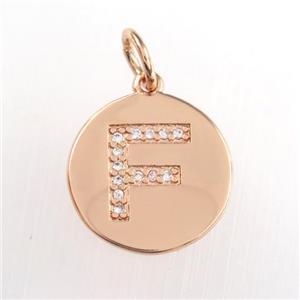 copper pendant paved zircon, letter F, rose gold, approx 15mm dia