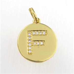 copper pendant paved zircon, letter F, gold plated, approx 15mm dia