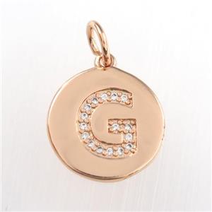 copper pendant paved zircon, letter G, rose gold, approx 15mm dia