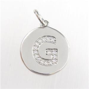 copper pendant paved zircon, letter G, platinum plated, approx 15mm dia