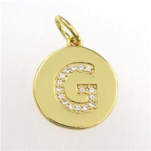 copper pendant paved zircon, letter G, gold plated, approx 15mm dia