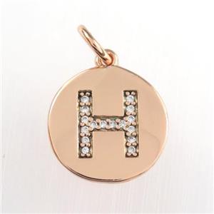 copper pendant paved zircon, letter H, rose gold, approx 15mm dia