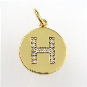 copper pendant paved zircon, letter H, gold plated, approx 15mm dia