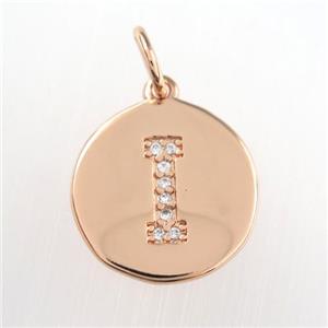 copper pendant paved zircon, letter I, rose gold, approx 15mm dia