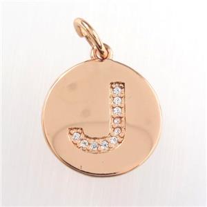 copper pendant paved zircon, letter J, rose gold, approx 15mm dia