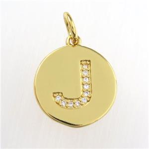 copper pendant paved zircon, letter J, gold plated, approx 15mm dia
