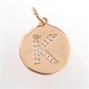 copper pendant paved zircon, letter K, rose gold, approx 15mm dia